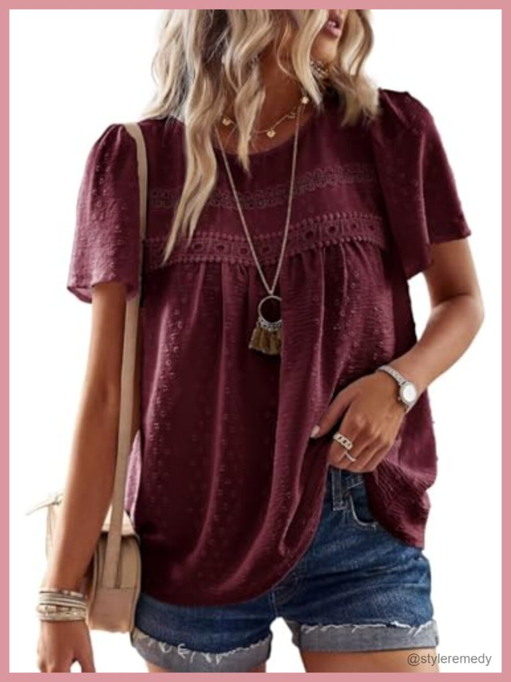 Womens Crochet Lace Boho Blouse Short Sleeve Loose Fit Casual Top